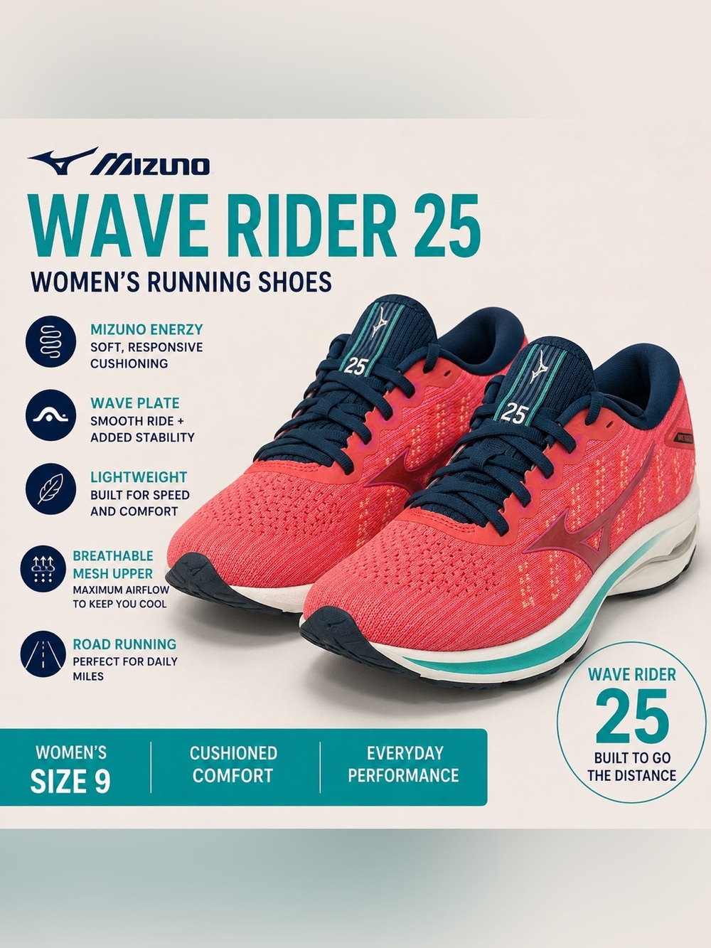 Mizuno Wave Rider 25 Running Shoes Pink Coral Navy Women’s Size 9 Athletic